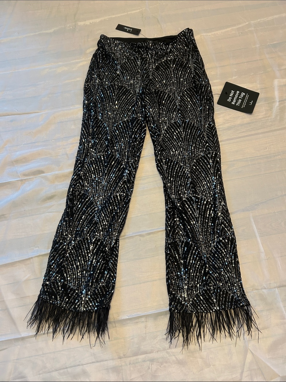 Lulu's Black Sequin Party Pants with Feather Trim